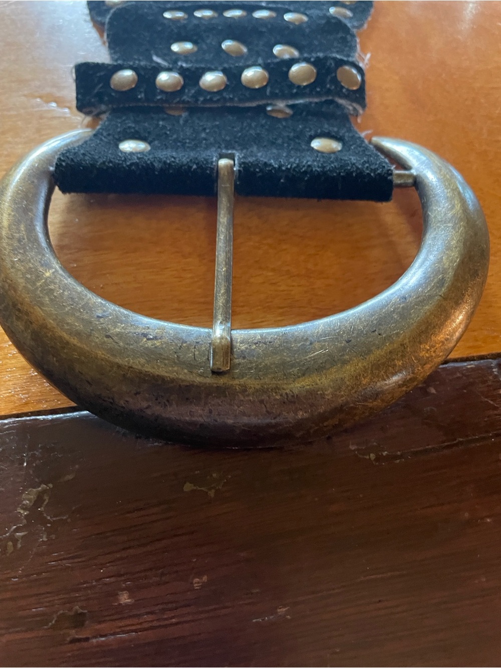VINTAGE Black Studded Suede Belt with Antiqued Buckle, 39” - Picture 4 of 4